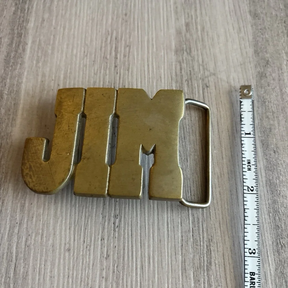 VTG Belt Buckle 70s Cut Spell Out Solid Brass Name “JIM” Taiwan PATINA